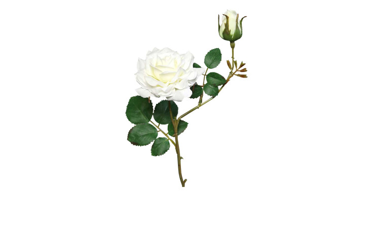 Rosenpick 27 cm aus Kunststoff mit grünen Stiel und Blätter und weißen Blüten.