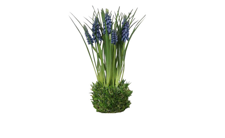 Muscari 23 cm aus Kunststoff in grün mit Erdball und lila Applikationen.