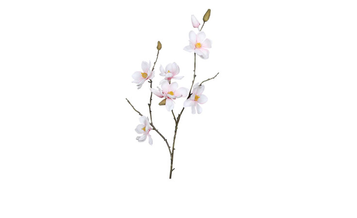Magnolien-Pick 82 cm aus Kunststoff mit rosa Blüten, grünen Applikationen und braunen Stiel.