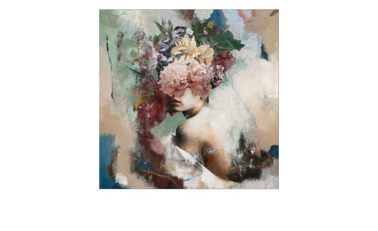 Handpainting Original Flower Face 100 x 100 cm, Frau mit Blumen