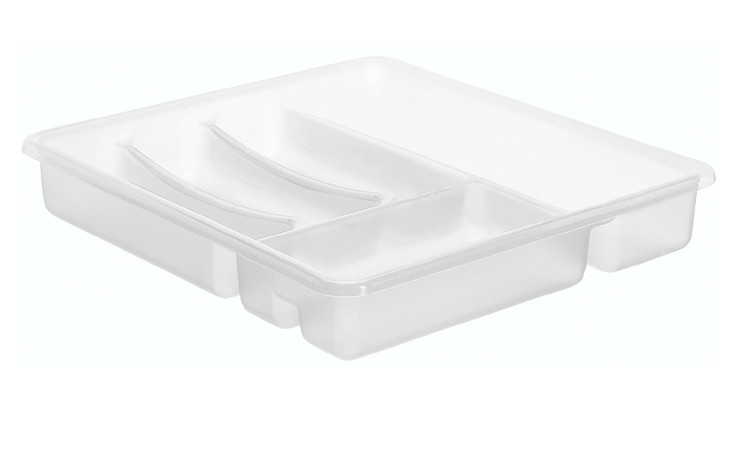 Besteckkasten Basic 39 x 32 x 6 cm aus weiß-transparentem Kunststoff.