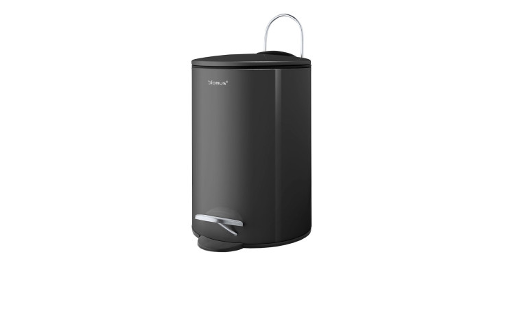 Treteimer Tubo 3 l aus Stahl und Kunststoff in schwarz mit einem Tritt und Henkel in silber.