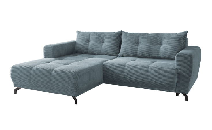 Wohnlandschaft Aurich mit blauem Cord-Stoff bezogen, mit Ottomane links und 2 Rückenkissen