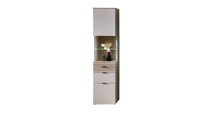 Vitrine Inka in Kaschmir mit Absetzung in Eiche Riva schräg von vorne.