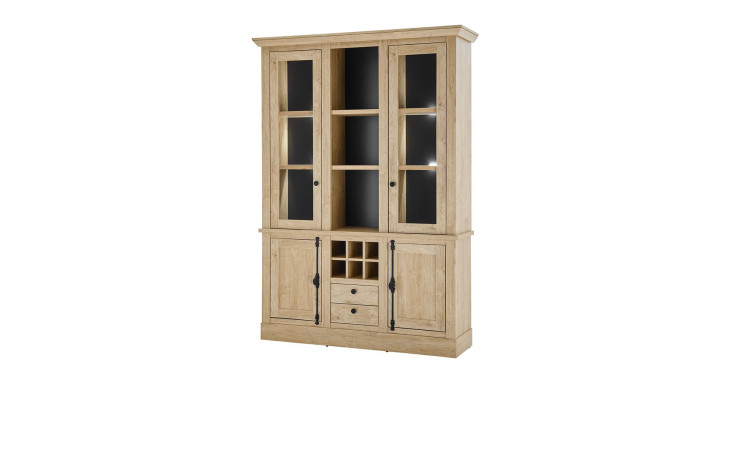 Regal in Gold Harbour Oak mit Rückwand in schwarz, mit Türen, Fächern und Schubladen