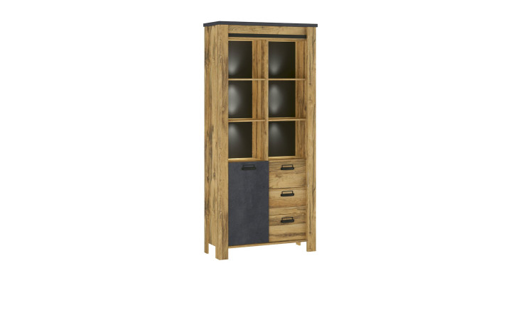 Vitrine Yola in der Farbe Eiche Dekor mit Applikationen in Fresco matt