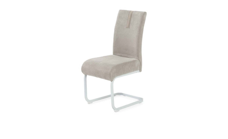 Schwingstuhl Kolding mit Bezug aus Cord-Stoff in beige und weißem Gestell.