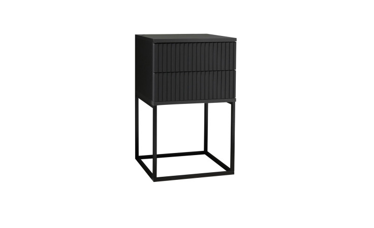 Nachttisch Maike in graphit mit zwei Schubkästen und einem schwarzen Metallgestell schräg abgebildet.