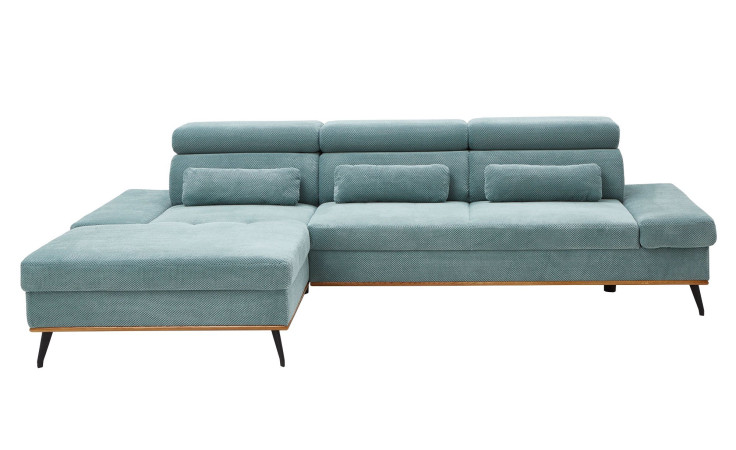 Wohnlandschaft Malie in einem Bezugsstoff in Aqua mit Zierkissen.