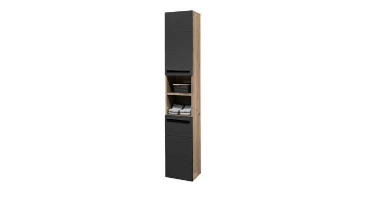Hochschrank Viona mit einer Front in Schwarz matt und einem Korpus in Viking Oak