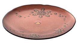 Teller Autentico 17 cm aus rotem Glas mit goldenen Schneeflocken.