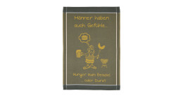 Geschirrtuch 50 x 70 cm in anthrazit mit senffarbener Schrift.