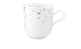 Henkelbecher Liberty 400 ml aus weißem Porzellan mit geometrischem Motiv in schwarz-grau.