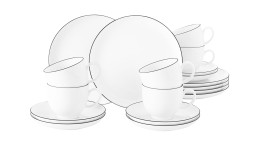 Kaffeeservice Lido aus weißem Porzellan mit schwarzen Akzenten bestehend aus 18 Teilen.