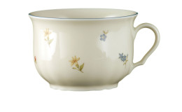 Milchkaffeetasse Marieluise 370 ml aus Porzellan mit Streublumen-Motiv.