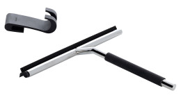 Duschabzieher Lavea 26 cm mit Halter aus Edelstahl und Silikon in silber mit schwarzen Akzenten.