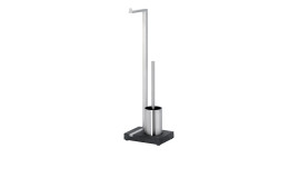 Toilettengarnitur Menoto 63,5 cm aus Edelstahl. Der Toilettenpapierhalter, WC-Bürste und WC-Garnitur ist in silber, die Bodenplatte ist in anthrazit.  