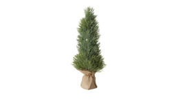 Baum 42 cm mit einer grünen Tanne aus Kunststoff die umwickelt mit einem braunen Jutestoff ist.