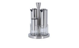 Essig- / Öl-Set 5tlg. silberfarbend und transparent aus Glas, Metall und Kunststoff.