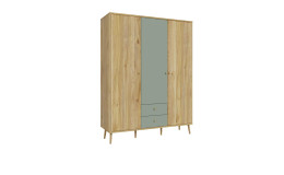 Kleiderschrank Winston, in der Farbkombi. Mauvella oak / Salbeigrün, mit 3 Türen und Schubkästen