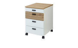 Rollcontainer Glenn mit Rollen in der Farbe Weiß mit Absetzungen in Artisan Eiche Nachbildung, Schrägansicht