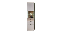 Vitrine Inka in Kaschmir mit Absetzung in Eiche Riva schräg von vorne.