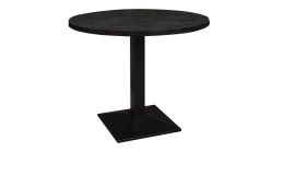 Bistrotisch Biblis-System mit einer Tischplatte in Flamed Wood Black und einem schwarzen Säulengestell.