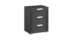Nachttisch Antigua mit Front in Glas basalt und Korpus in grau-metallic, mit 3 Schubkästen, Griffe chromfarbig
