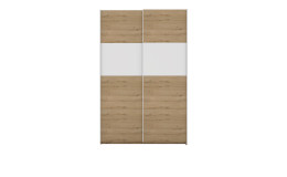 Schwebetürenschrank Queen-Extra aus Holzwerkstoff in Eiche Artisan mit einer Absetzung in Alpinweiß.