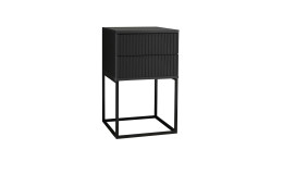 Nachttisch Maike in graphit mit zwei Schubkästen und einem schwarzen Metallgestell schräg abgebildet.