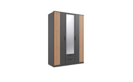 Drehtürenschrank Lüder in der Farbkombi Graphit / Akustiklamellen in Artisan Eiche mit einer Spiegeltür