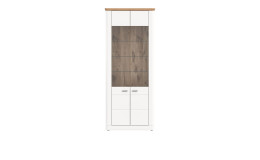 Vitrine Manhattan in weiß mit einer sichtbaren Rückwand und einer Abdeckplatte in Nox Oak. Frontalansicht.