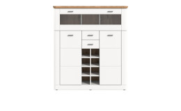 Barschrank Manhattan in weiß mit einer Abdeckplatte in Nox Oak. Frontalansicht.