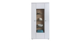 Vitrine LIV'IN Rovigo in weiß mit einem Glasausschnitt mit einer sichtbaren Rückwand in nox Oak Stripes.