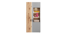 Vitrine LIV'IN Baveno in Nox Oak mit einer Absetzung in hellgrau mit einem Glasausschnitt. 