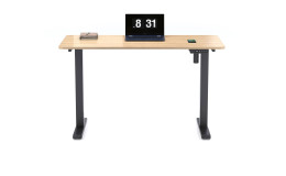 Elektrischer Schreibtisch mit Holztischplatte und schwarzem Metallgestell, Draufsicht