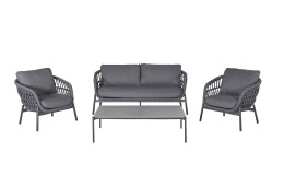 Lounge-Set Cliff mit dunkelgrauem Rope, anthrazitfarbigen Auflagen, Gestell aus Aluminium in Anthrazit und Tischplatte aus Sinterstein