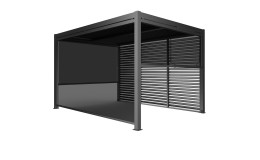 Seitliches Rollo Shadow aus grau-schwarzem Textilene und Aluminium