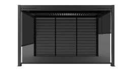 Seitliches Rollo Shadow aus grau-schwarzem Textilene und Aluminium