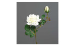 Rosenpick 27 cm aus Kunststoff mit grünen Stiel und Blätter und weißen Blüten. Auf einem grauen Hintergrund.