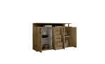 Highboard Drago in der Farbe Artisan Eiche, Schrägansicht mit offenen Türen und Schubkästen