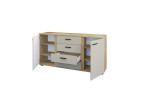 Sideboard Kane in der Frontfarbe Kaschmir mit einem Korpus in Dekor Artisan Eiche, mit geöffneten Schubladen und Türen