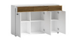 Sideboard Lanzerote in der Farbausführung Weiß / Evoke oak, Schrägansicht mit offenen Türen und Schubläden