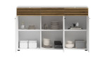 Sideboard Lanzerote in der Farbausführung Weiß / Evoke oak, Frontansicht mit offenen Türen, Schubladen und Deko