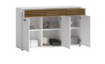Sideboard Lanzerote in der Farbausführung Weiß / Evoke oak, Schrägansicht mit offenen Türen, Schubläden und Deko