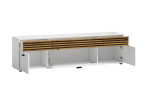 Lowboard Lanzerote, in der Farbausführung Weiß / Evoke oak, Schrägansicht mit offenen Türen und Schubladen