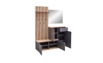 Garderobe Franka in der Frontfarbe Anthrazit mit einem Korpus im Dekor Artisan Eiche, mit geöffneten Türen und Schubladen