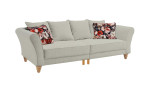 Big Sofa Light Grey, Füße Eiche Natur, Rückenkissen in Bezugsfarbe sowie zwei Kissen mit floralem Muster