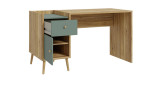 Schrebtisch Winston in der Farbkombi. Mauvella oak / Salbeigrün, Schrägansicht mit offener Schublade und TÜr