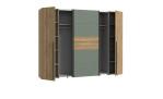 Kleiderschrank Niegel, in der Farbkombi. Mauvella oak / Salbeigrün, Schrägansicht mit offenen Türen